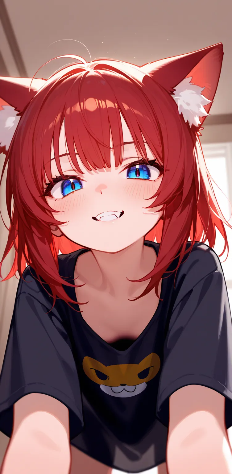 1 girl, solo, medium hair, red hair, cat girl, blush,Essential period, tale, looking at viewer , fangs, slit puppies, room, from below, all fours,blue eyes, casual clothes



