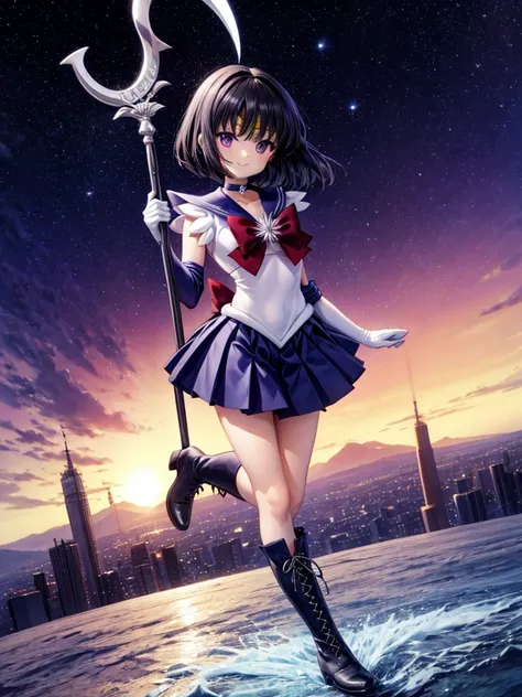 one girl, Hotaru Tomoe, Sailor Saturn, cute face, thin and tall, smile, sailor senshi uniform, purple sailor collar, tiara, magical girl, purple pleated skirt, white elbow gloves, jewelry, brooches, choker, purple long thigh lace-up boots, black short hair...