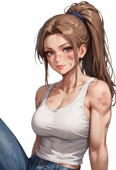 ((White background )) (Curve:1.1) rathing_questionable ,((1girl)) , (solo girl), (Long brown hair with a ponytail), makeup, (brown eyes:1.2), (blush:0.3), Age 30 years (Russian girl) (white tank top:1.4)) (Long jeans) ,tall, long sexy legs, ((thin:0.8)) , ...