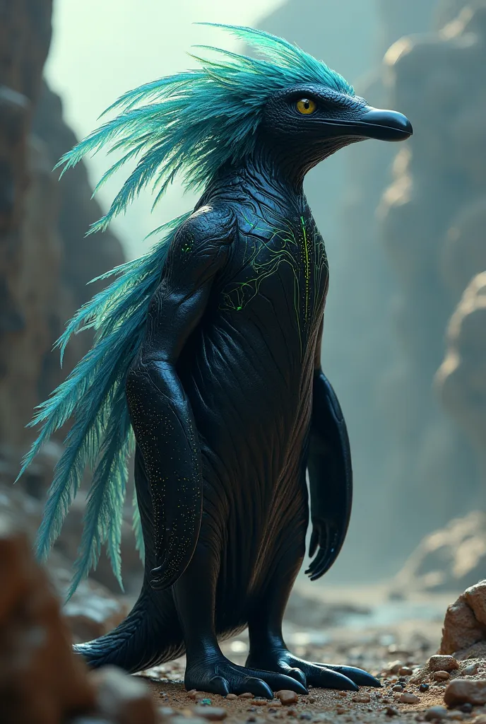 create a character that looks like a penguin from another planet , with other terrestrial characteristics besides with a cape and show me it at all angles 