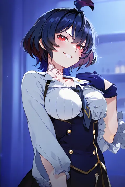 Medium Breasted Girl, uniforme Solo Leveling, blue glove, Slap Black Eye,  neck tattoo, dark blue hair, multicolored hair,  short hair, naughty expression, red eyes,  blouse open between the breasts , 