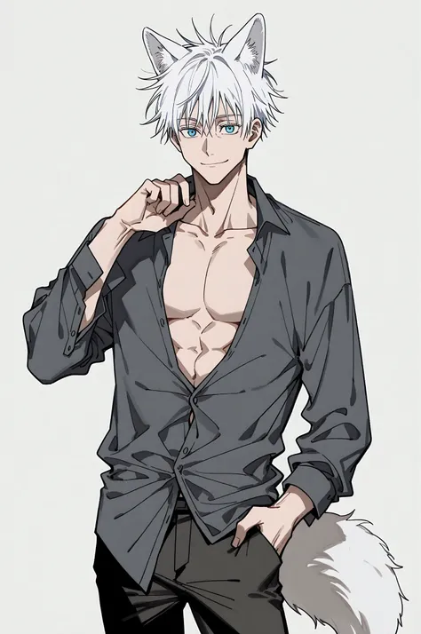 masterpiece, best quality, amazing quality, very aesthetic, suou (sdurorhr), ningen mame, (ciloranko:0.7), portrait, 1male, male focus, gojou satoru, jujutsu kaisen, short hair, blue eyes, smile, closed mouth, muscular, handsome, sexy man, mature male, coo...