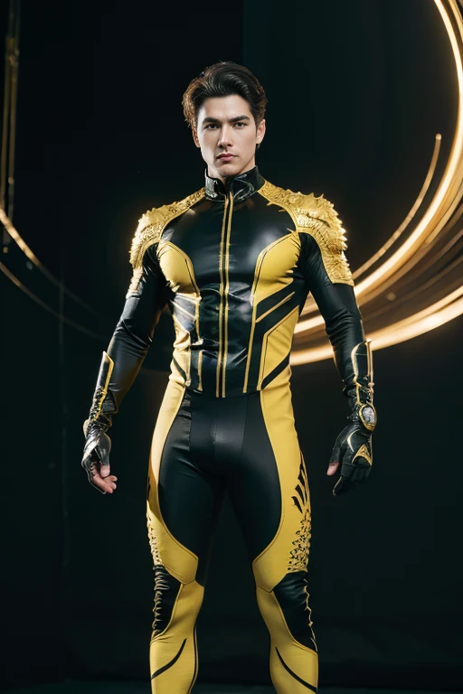 Full full body a handsome hunky celestial Stinger boy wearing a yellow and black wave filigree latex spandex and gloves  standing firmly face frontal camera focus asymmetrical face details,charachter, beautiful, devian art, trending artstation, digital art...