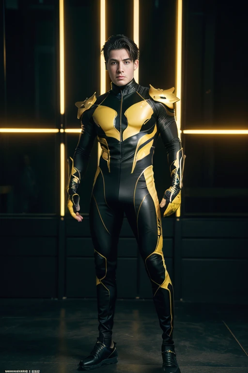 Full full body a handsome hunky celestial Stinger boy wearing a yellow and black wave filigree latex spandex and gloves  standing firmly face frontal camera focus asymmetrical face details,charachter, beautiful, devian art, trending artstation, digital art...