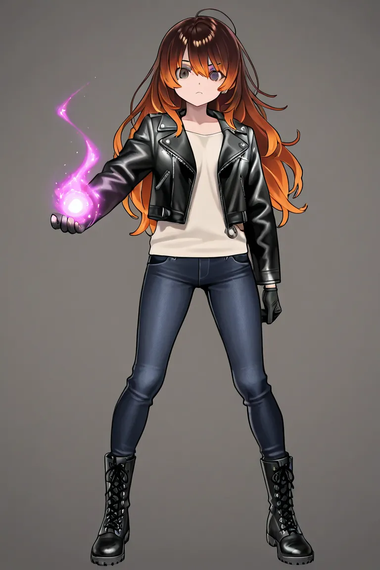 Eyes:** Dark brown, nearly black.  
- **Hair:** Shoulder-length, dyed dark auburn.  
- **Height:** 5'7" (Shrinks herself using magic).  
- **Clothing:** Practical yet stylish—dark jeans, combat boots, a leather jacket with hidden weapons. Always wears glov...