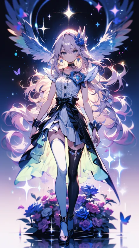 (High-definition CG), (TOP QUALITY),(( full body))， 1 girl, alone, cure moonlight，side lock, hair ornaments close to the garden,  blue rose ,   wrist cuffs , ribbon, Single Elbow Glove,  Bbo~,  eyelasheses, Serious，  spats，purple hair，  black choker ,   Wo...