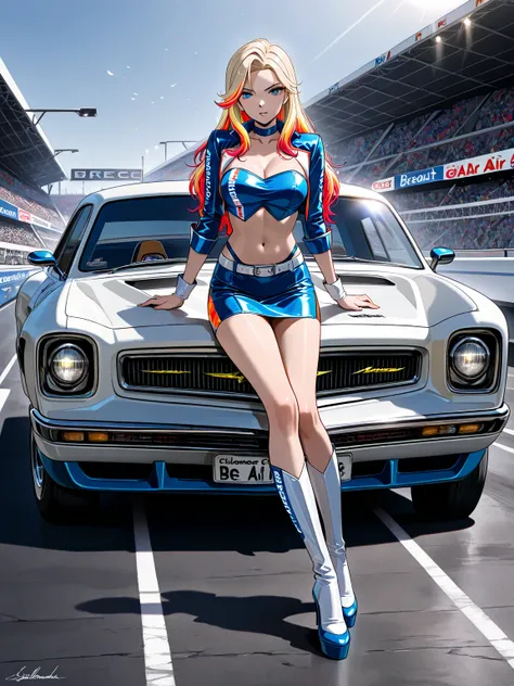 beauty, solo femmes, light skin, (multicolored hair, lightblonde_hair), glamour, race queen costume, BREAK ,1 CHEVROLET BEL AIR car