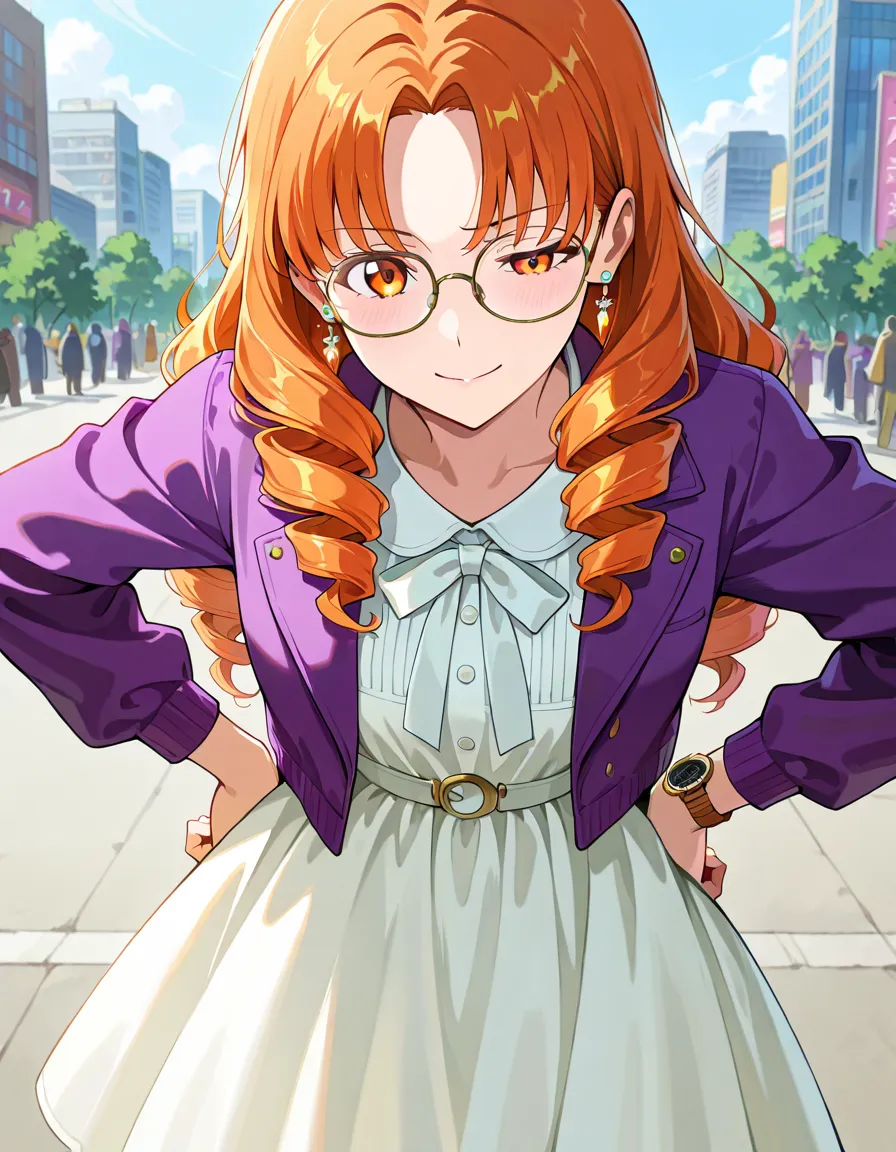 1 girl, Alone, Go to the river, orange hair,   drill hair , costume wearing glasses, Orange Eyes,   jewelry, bow, white dress,  purple jacket, during, earrings,  above Decorati has , standing, place your hands on your hips, watch viewers,  closes one eye, ...