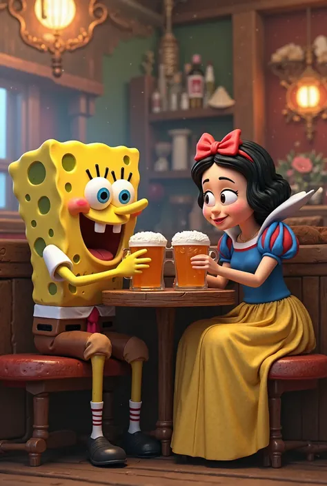 Create a 3D image of Sponge Bobby and Snow White drinking beer centered in a bar