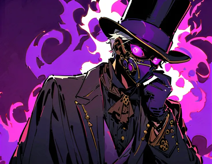  A man with black and purple fire in the background, full face mask,  elegant outfit with a large black robe , with rabbit ears, top hat, with gloves,  with short white hair , ojos rosados,  with the mask on his face covering everything except for his pink...