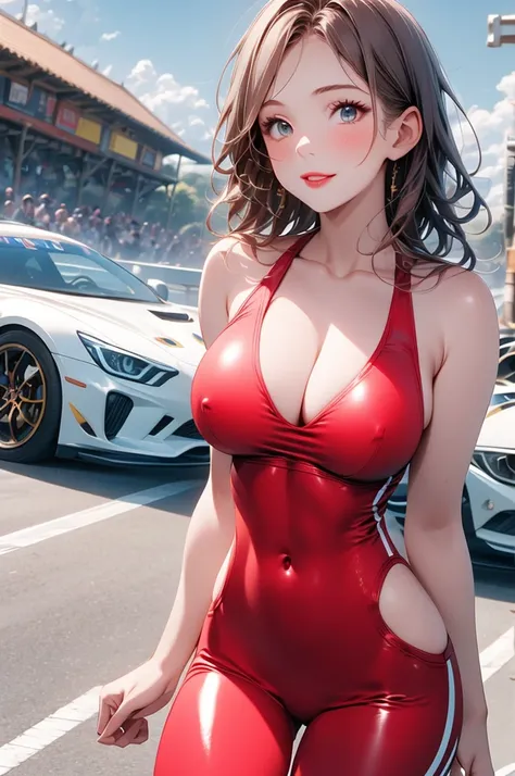 A beautiful girl in a white miniskirt standing in front of a red racing car, High Detail, wear (Tight shirt:1.2), Beautiful Korean girl, Korean pop idol, Beautiful and delicate face, Aquamarine eyes, (Attractive fitness woman:1.3), (Tempting:1.1), (blush:1...