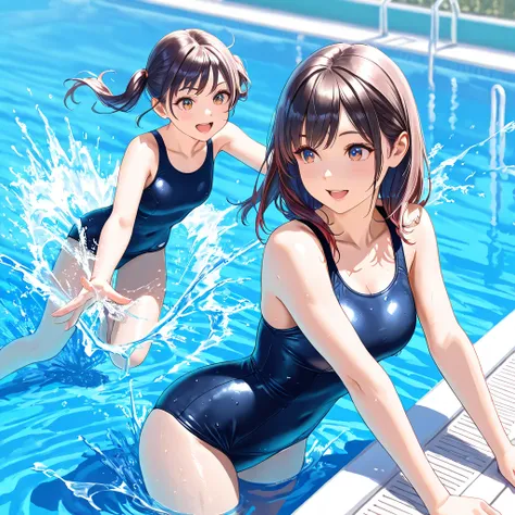 a dynamic jump of 2 schoolgirls in swimsuits diving into a pool, splash of water, joyful expression, 1girl, 2girls, dynamic pose, school swimsuit, splashing water, bright colors, vibrant, photo-realistic, 8k, highly detailed, masterpiece