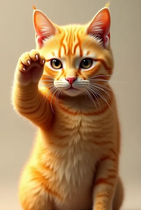 Realistic yellow colored cat salutes by looking at the screen