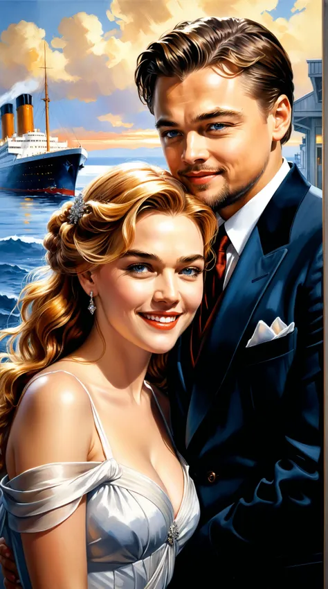 oil. Fascinating portrait of Leonardo DiCaprio and Kate Winslet、Smiling while talking. Titanic in the background.  Anna Razumovskaya , 
Gabriele Dell'Otto, rich, Deep color. Layered image with cel shading.  beautiful face, perfect anatomy, perfect eyes, Ey...