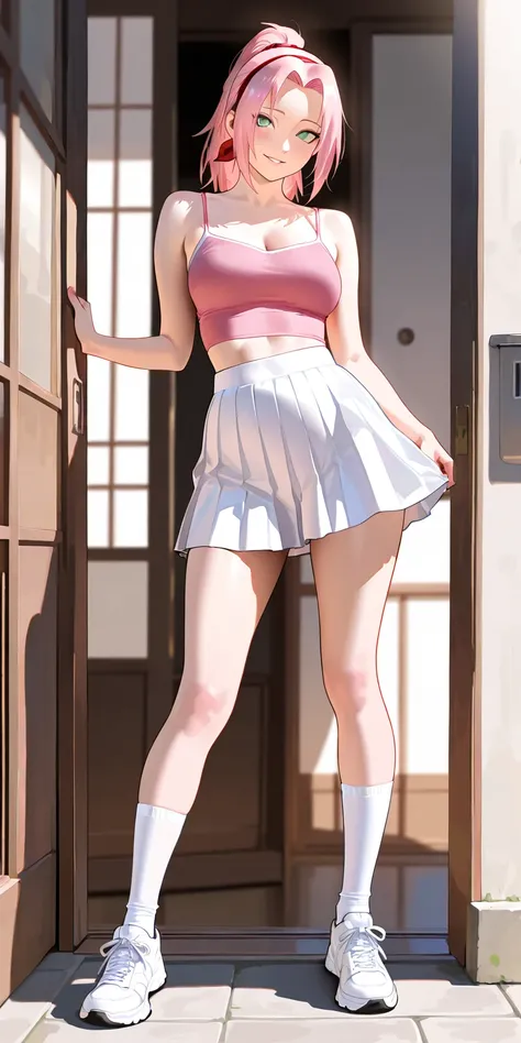 Masterpiece, newest, vibrant, very aesthetic, high contrast, mature woman, haruno sakura\(naruto\), light green eyes, high ponytail long hair, pink color spaghetti strap top, white color pleated mini skirt, white medium sock, white sneakers, full body, par...