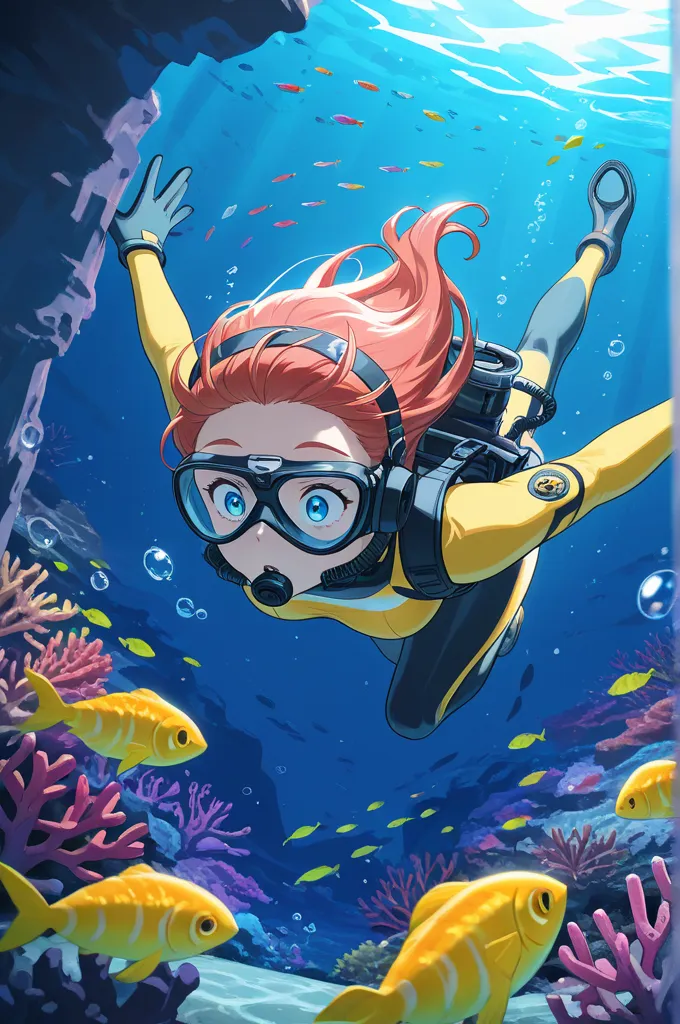 "Underwater Adventure with Marine Life"

masterpiece, best quality, 1girl, solo, scuba diving gear, underwater, surrounded by colorful fish, coral reef, wide-eyed wonder, bubbles, detailed marine life, vibrant colors

Description: An anime-style depiction ...