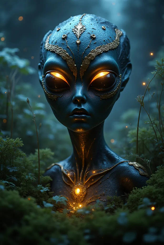 View of Impressive 3D biomorphic, night scene, bronze bust of an alien (stunningly beautiful female) with large glowing eyes protrudes from tall grass, covered in moss, radiant tribal tattoo, gold and silver details, fantasy, surrounded by holographic data...