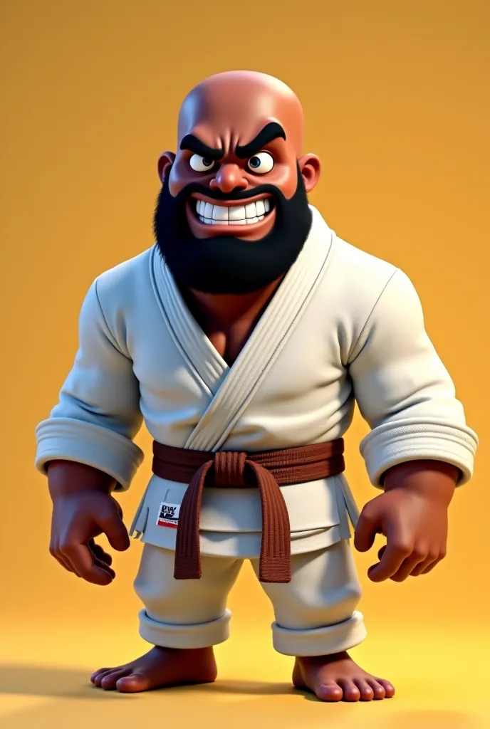 Pixar-style create a short, angry black man, bald, Short and black-bearded between 30 and 35 years old wearing a Brazilian jiu jitsu kimono with a brown jiu jitsu belt in a comical pose 