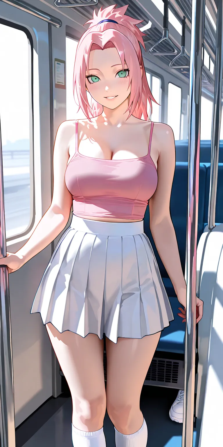 Masterpiece, newest, vibrant, very aesthetic, high contrast, mature woman, haruno sakura\(naruto\), light green eyes, high ponytail long hair, pink color spaghetti strap top, white color pleated mini skirt, white medium sock, white sneakers, full body, par...