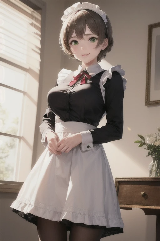 ( masterpiece, TOP QUALITY:1.2), cowboy shot, Alone, 1 girl, Sakuramori Kaori,big breasts, green eyes, brown hair,  smile, watch viewers, place your hands on your hips, knitting glasses, stupid hair, frills, ,(long sleeve simple maid outfit,Black Long Slee...