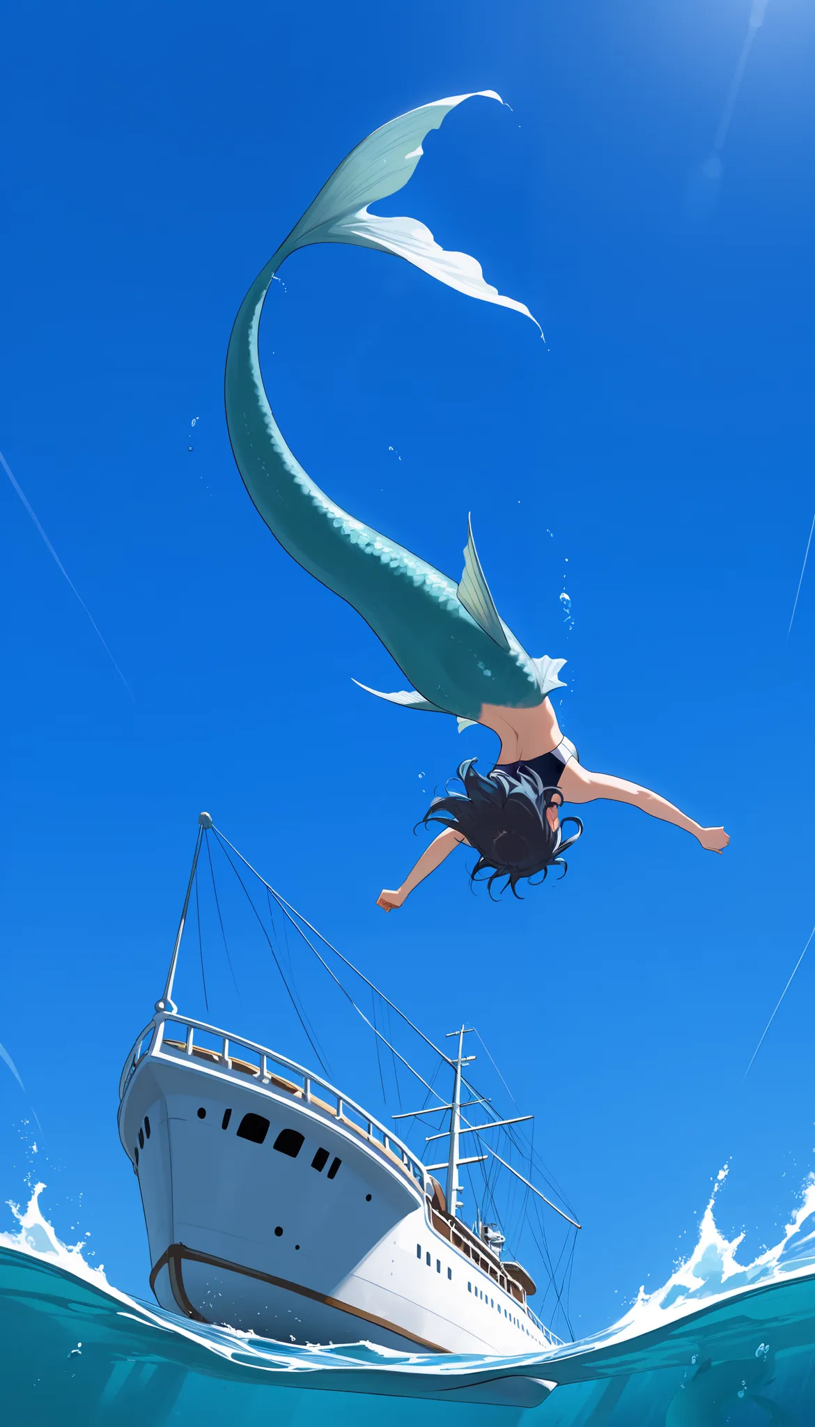 view from below, A mermaid diving down into water, head down tail up, diving off a ship, blue sky, extremely detailed, 