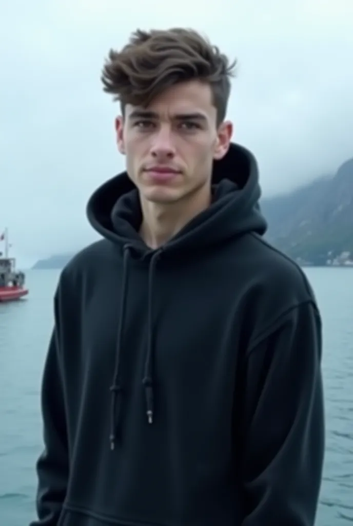 A young man stands in front of the sea under a cloudy sky wearing a black hoodie  
 And a huge tall black pajama he has thick and wavy hair his hair covers his forehead his facial expressions are calm and serious with a confident look
The background contai...