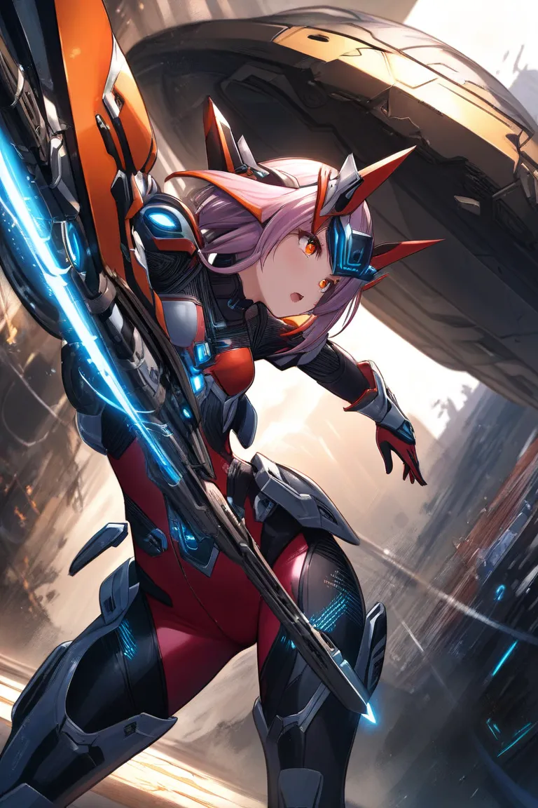 マシンガン。naked。 clothes。  lolicon。 small tits。fellatio。(masterpiece, amazing quality, illustration, very awa, newest, absurdres) break,Destroy armor。マシンガン。
  1girl  , thick eyelashes, dynamic angle, mechanical, bodysuit, orange eyes,   cybernetics, break,
vol...