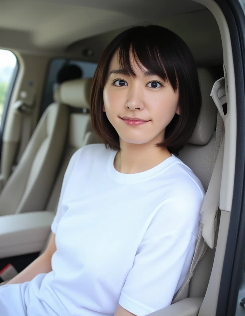 1 girl、yui,short hair、bangs、slender、SMALLE BREASTS、 car interior,blurry、sitting,upper body,indoors,Narrow eyes、 swollen eyelids、 gentle gaze 、２０age、(((open white short sleeve shirt)))、 cute face、 white skin、Backrest、Assistant seat、 headrest、window、Give the...