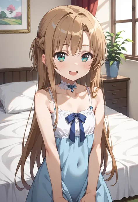 ((TOP QUALITY)), ((masterpiece)), (be familiar with),  perfect face, indoors, bedroom, watching viewers,
One woman, Asuna Yuki,
open mouth, ecstatic expression, blush, smile,
 small tits,  flat chest, Young girl,  lori,  ,  girl,
 long hair, long hair,
 op...