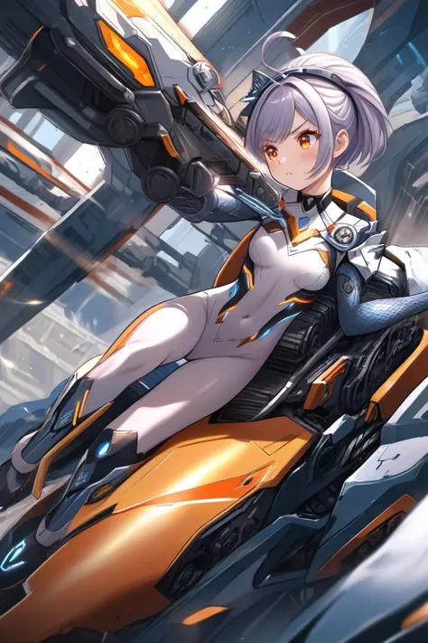 マシンガン。naked。 clothes。  lolicon。 small tits。fellatio。(masterpiece, amazing quality, illustration, very awa, newest, absurdres) break,Destroy armor。マシンガン。
  1girl  , thick eyelashes, dynamic angle, mechanical, bodysuit, orange eyes,   cybernetics, break,
vol...