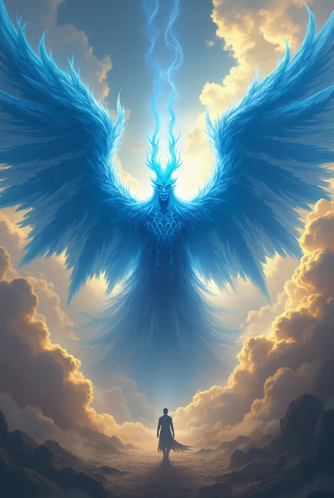 The number 5 giant with blue fiery wings between wind and yellow clouds 