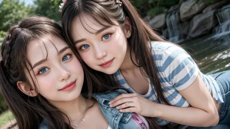 ( 3 girls),smile、 Look into the camera 、  Diamond Necklace、Pigtail  , Wear it with a denim skirt, a T-shirt inside. Close-up image 、 flower hair jewelry 、Close your eyes、  Tights、 Masterpieces , stains  , 8k, Cute girl ,  youthful face  、 photography,  str...