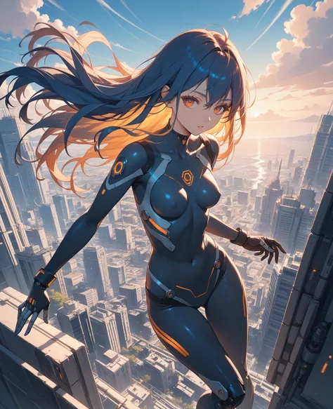 naked。long hair。 lolicon。 small tits。(masterpiece, amazing quality, illustration, very awa, newest, absurdres) break,
 1girl , thick eyelashes, dynamic angle, mechanical, bodysuit, orange eyes,  cybernetics, break,
volumetric natural lighting, scenery 、nak...