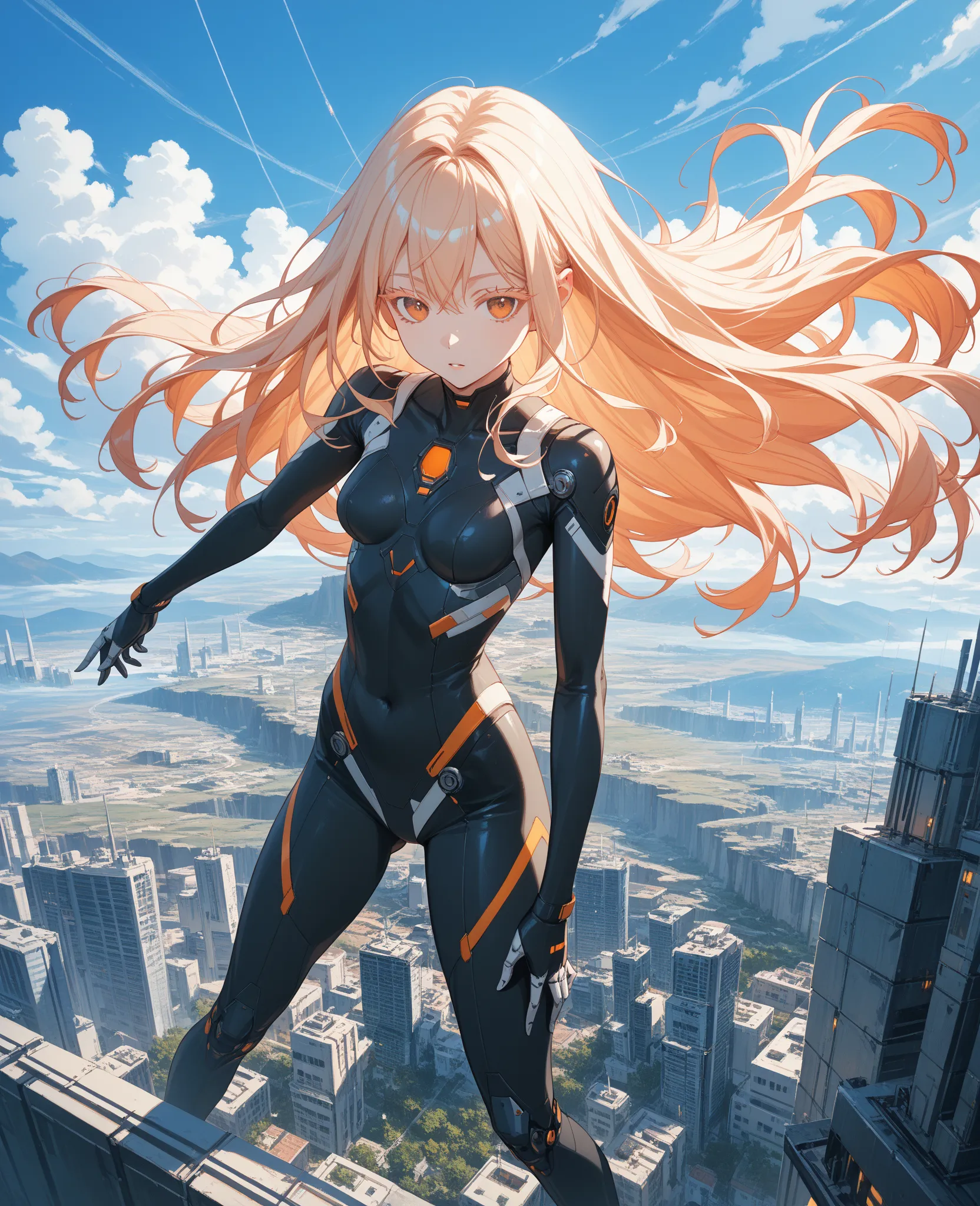 naked。long hair。 lolicon。 small tits。(masterpiece, amazing quality, illustration, very awa, newest, absurdres) break,
 1girl , thick eyelashes, dynamic angle, mechanical, bodysuit, orange eyes,  cybernetics, break,
volumetric natural lighting, scenery 、nak...