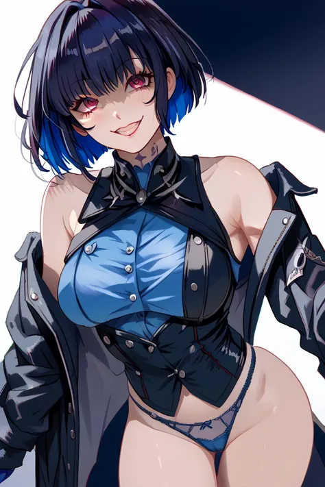 1 Medium-breasted Girl, multicolored hair, dark blue hair,  short hair, blue blouse with buttons, black coat, Bare shoulders, blue glove,  neck tattoo, Yandere red eyes, Yandere,  evil smile,  focus on the ass, panties