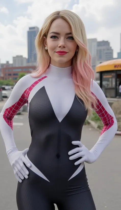 Actress Emma Stone dressed as Spider-Gwen, No wearing mask, Blonde and pink hair, Long hair, Wavy hair, Swept bangs hair, Young, Thin body, Perfect body, Tight Spider-Gwen suit, Smiling,Red lips, beautiful, Small waist,big hips, hands on hips pose, Abs,Nav...