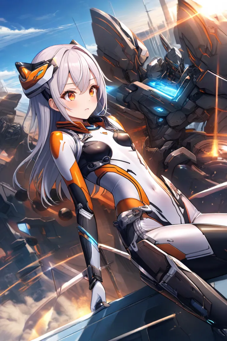 マシンガン。naked。 clothes。  lolicon。 small tits。fellatio。(masterpiece, amazing quality, illustration, very awa, newest, absurdres) break,Destroy armor。マシンガン。
  1girl  , thick eyelashes, dynamic angle, mechanical, bodysuit, orange eyes,   cybernetics, break,
vol...