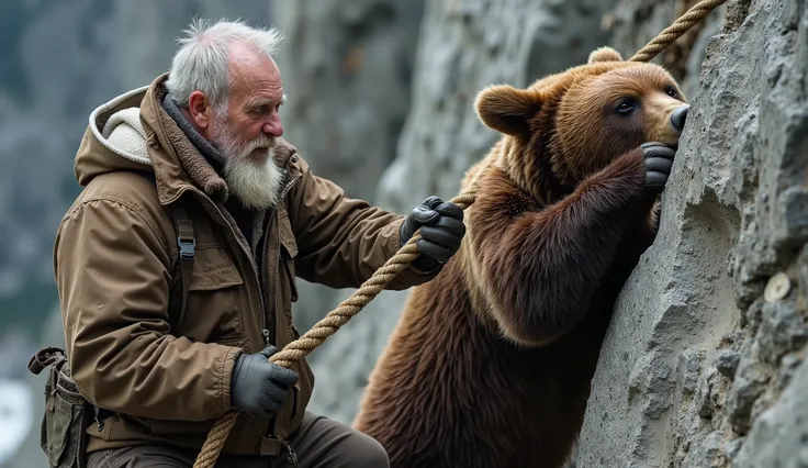 "A rugged, elderly man with a weathered face and short white beard, dressed in a brown outdoor jacket and gloves, is rescuing a large brown bear from falling off a steep rocky cliff. The man firmly holds a thick rope, securing the bear, which is gripping o...