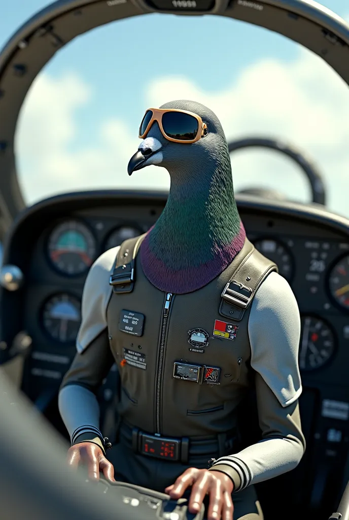 Generate me a pigeon Pilot with sunglasses and a Pilot suit and IS in a plane in cockpit