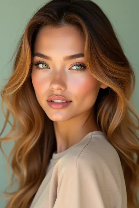 "Create an image of an incredibly beautiful female model with unique and captivating features. She has a flawless complexion, with radiant skin that glows under soft lighting. Her eyes are large, almond-shaped, and have a mesmerizing color, one that shifts...