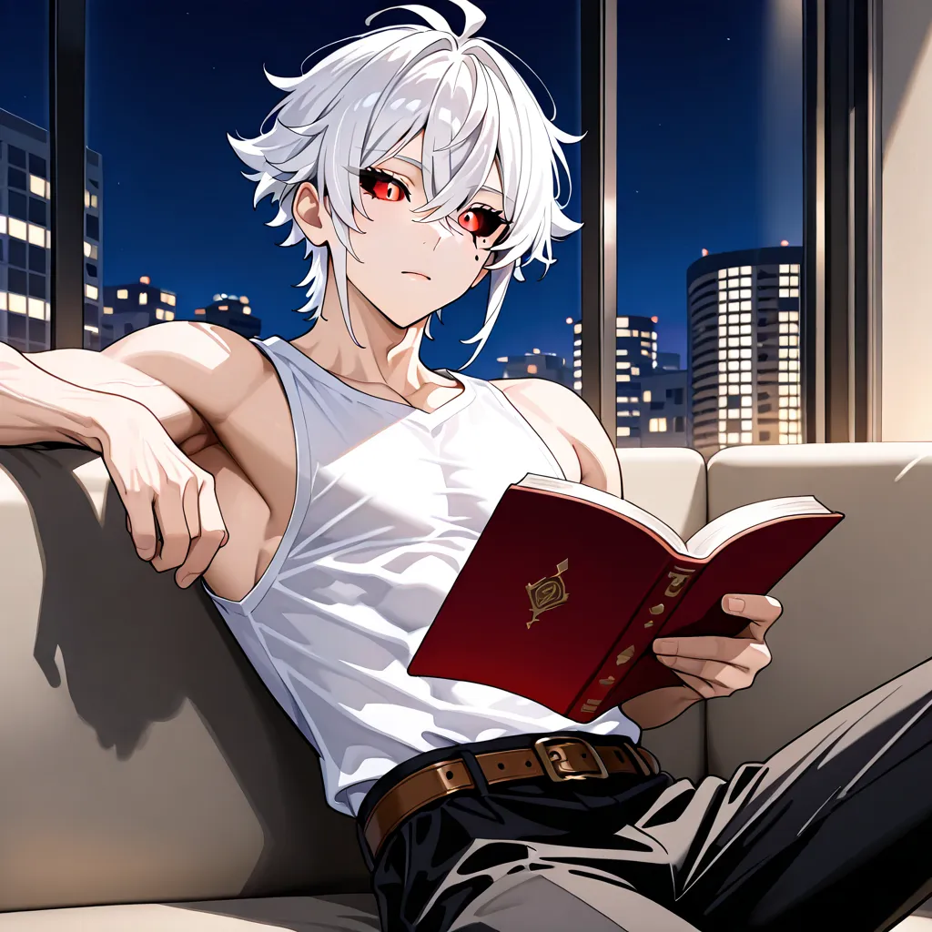 BEST QUALITY, ULTRA DETAILED, PERFECT ANATOMY, HIGH DEFINITION, INTRIGUING DETAILS, ALONE, 1BOY, thin, white hair, medium-short layered hair, red right eye with black sclera, black left eye, no shirt, black shorts. white shirt, sleeveless, black dress pant...