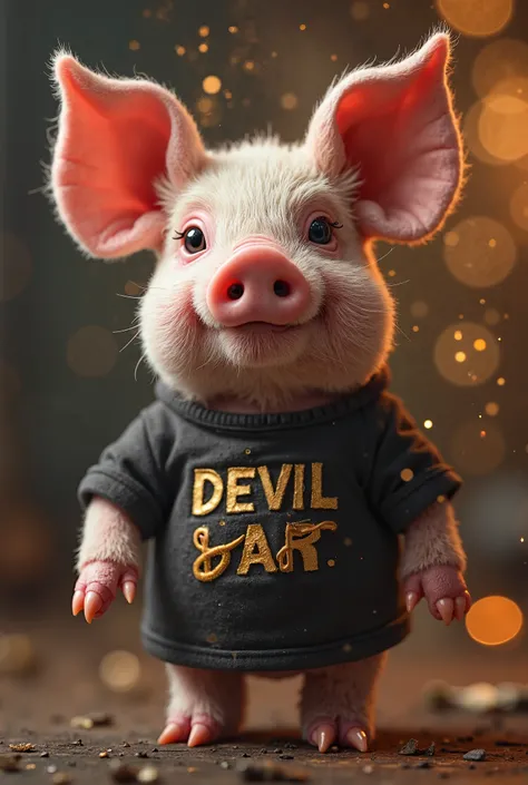 create a little pig with both a big dick and wool with a t-shirt that says: Devil and a hard bar and party in the background