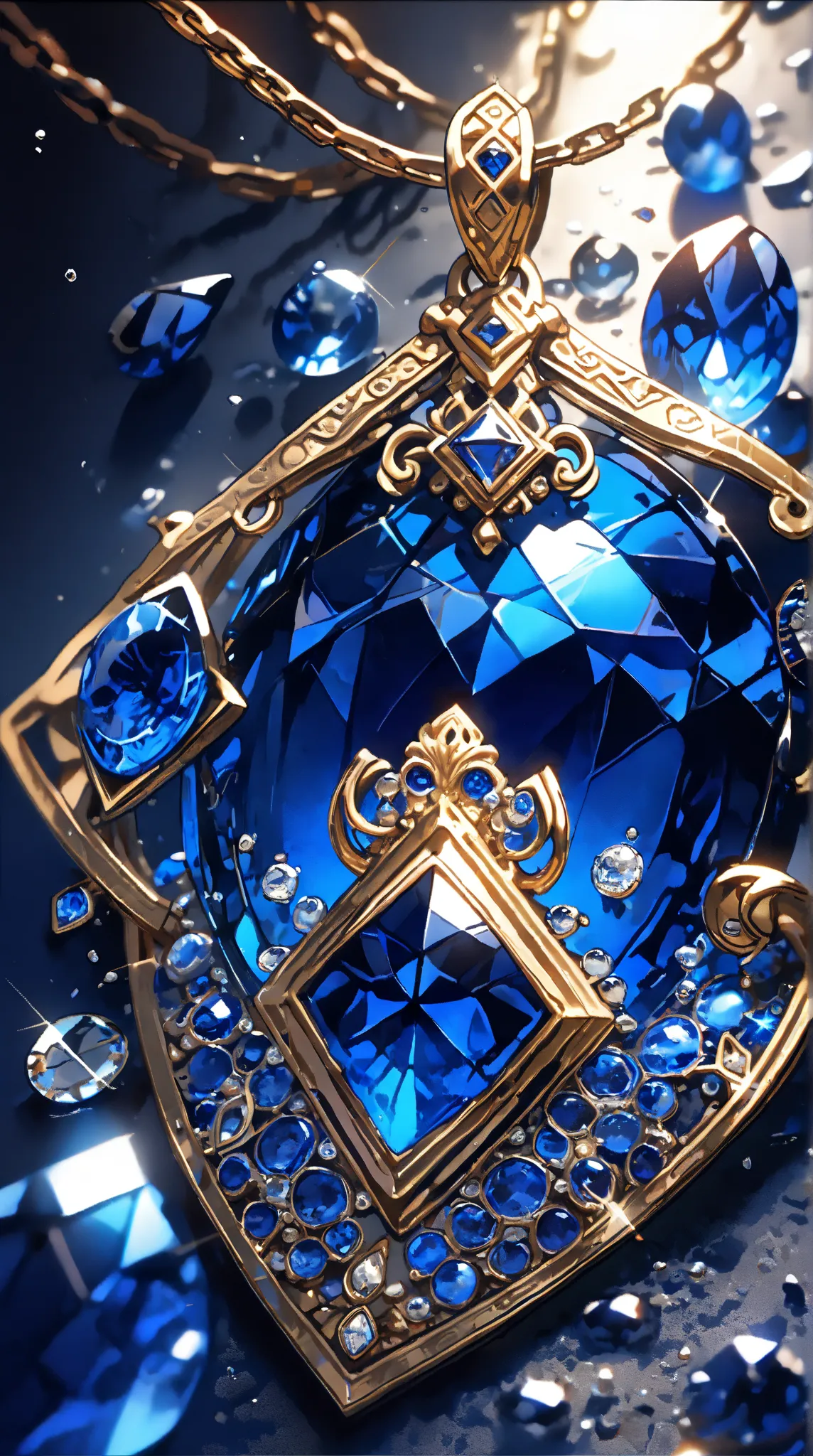 Ultra-high resolution RAW photos.It depicts a very beautiful blue sapphire pendant、Blue sapphires form、It's a mysterious color reminiscent of the deep beauty of the deep sea...、A little longer、cut into large diamond shapes.、surrounded by a thin diamond-sha...