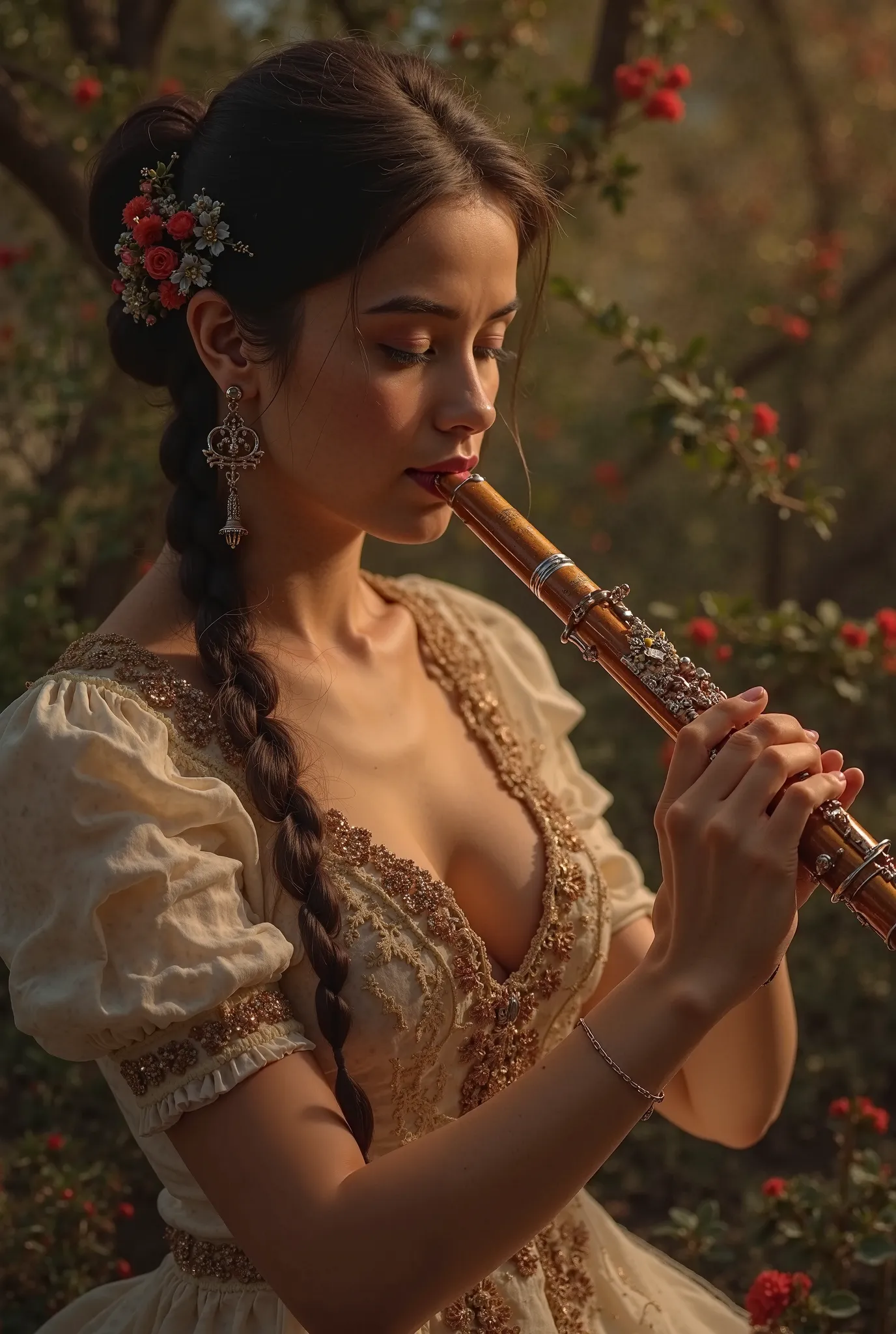 Uma imagIn ultra-realista no estilo point of view (throw), capturando a perspectiva In primeira pessoa de [A FLUTIST] In [VILA TAKING SEVERAL REN WITH HER BEAUTIFUL SONG ON THE FLUTE]. As mãos e parte do corpo do personagIn são visíveis, creating the feeli...