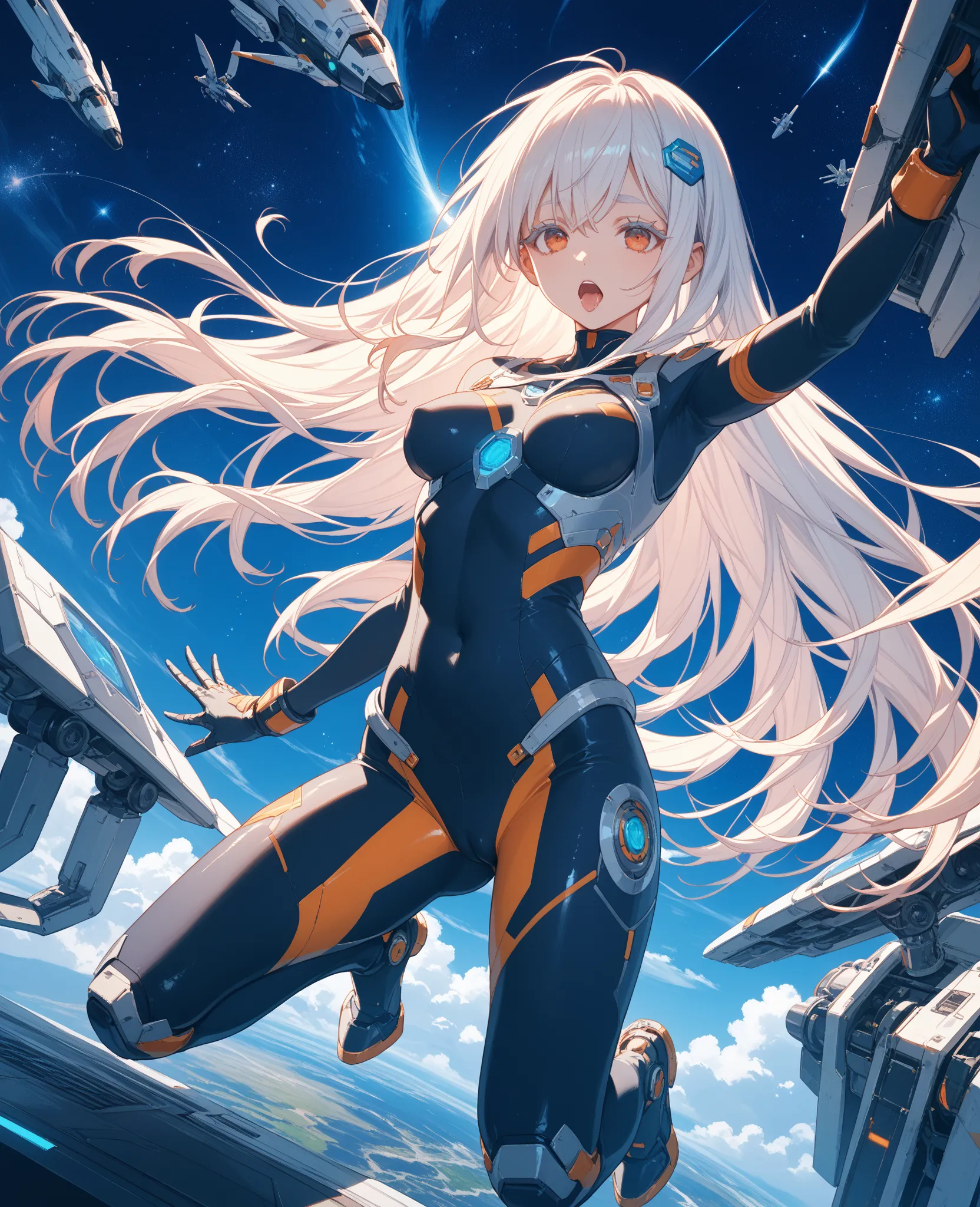 Fucked by a space monster。naked。long hair。  lolicon。 small tits。(masterpiece, amazing quality, illustration, very awa, newest, absurdres) break,
  1girl  , thick eyelashes, dynamic angle, mechanical, bodysuit, orange eyes,   cybernetics, break,Fucked by a ...