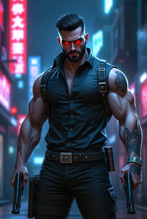 A character from a game holding a gun in each hand, two automatic pistols, vampiro, vampiro , strong, Muscular,  beautiful, very pretty, belo,   short hair, bright red eyes,    white skin, black hair, trimmed beard, ShirtleSS, ShirtleSS, no, nos,   tattoo ...