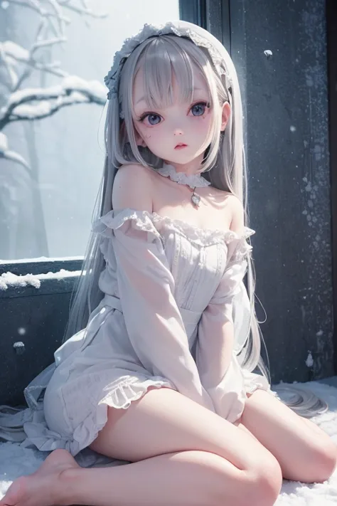 (doll-like lolita girl, porcelain skin, (droopy, glassy eyes), detailed dress, delicate facial features:1.3), (petit, ultra cute loli, s:1.3), (ultra cute loli face:1.3), ((masterpiece)), ((best quality)), ((ultra detailed)), ((exquisite)), ((depth)), ((cr...