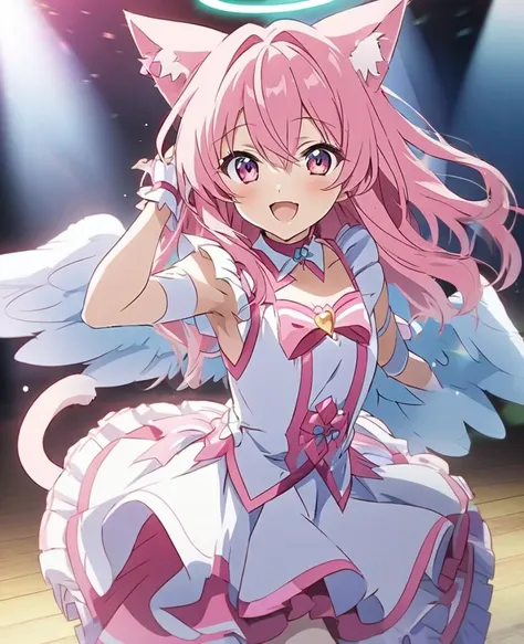 Super high quality line and vivid color anime illustration, 
cute anime cat angel boy, (long hair), pink hair, cat ears and tail, angel wing and halo, smile, idol angel costume like a cure-kyun-kyun, sing abd dance, 