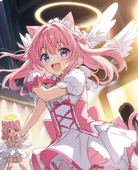 Super high quality line and vivid color anime illustration, 
cute anime cat angel boy, (long hair), pink hair, cat ears and tail, angel wing and halo, smile, idol angel costume like a cure-kyun-kyun, sing abd dance, 