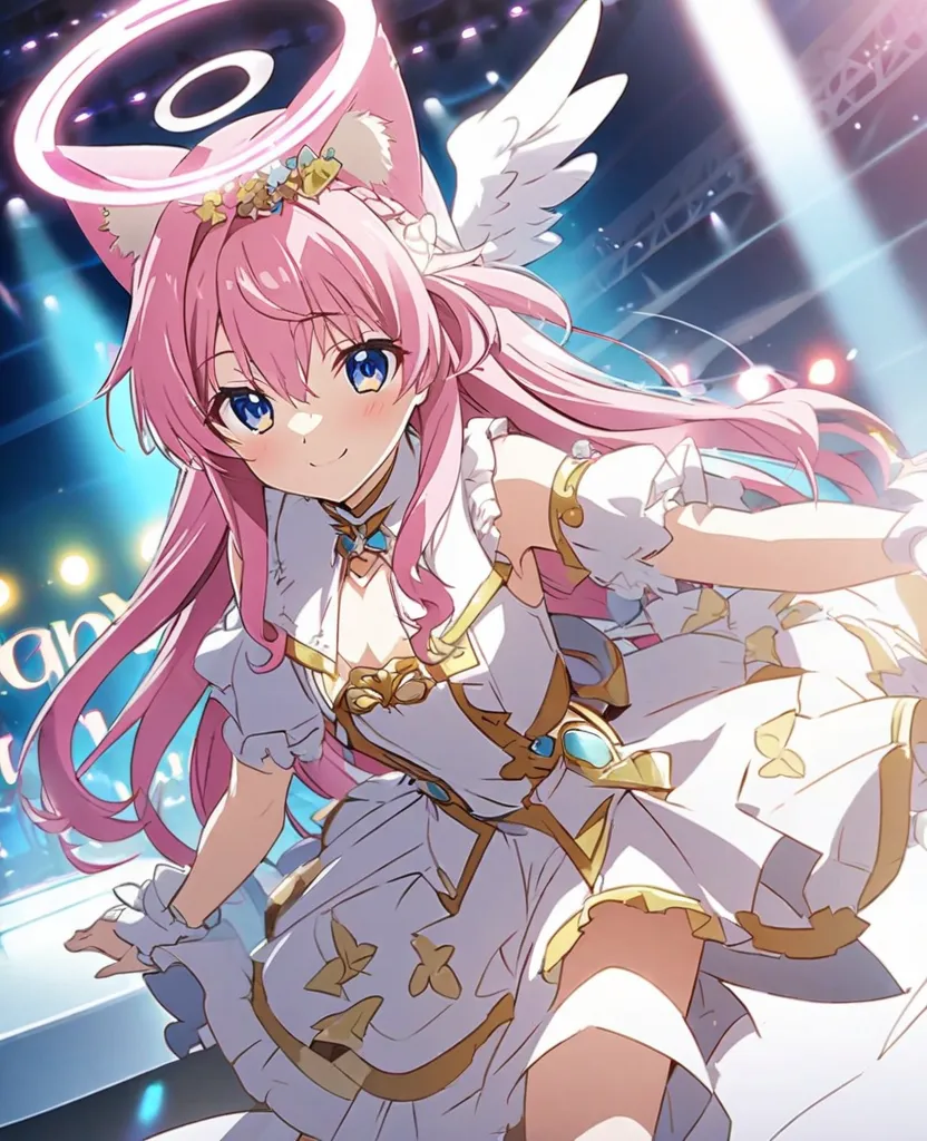 Super high quality line and vivid color anime illustration, 
cute anime cat angel boy, (long hair), pink hair, cat ears and tail, angel wing and halo, smile, idol angel costume like a cure-kyun-kyun, sing abd dance, 